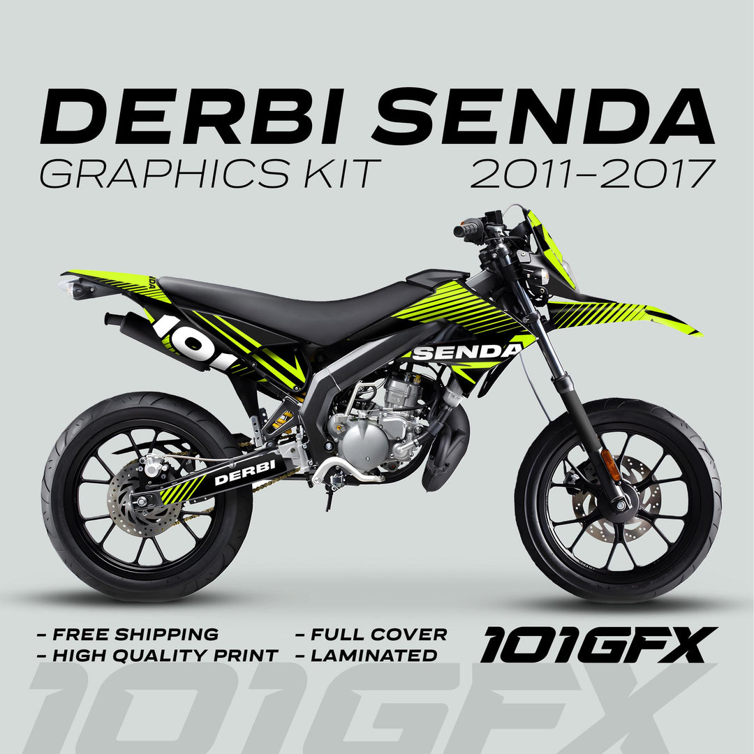 Side view of a Derbi Senda bike with the Graphics Kit X-Treme 2011-2017, featuring black and high-visibility yellow/green striped decals.