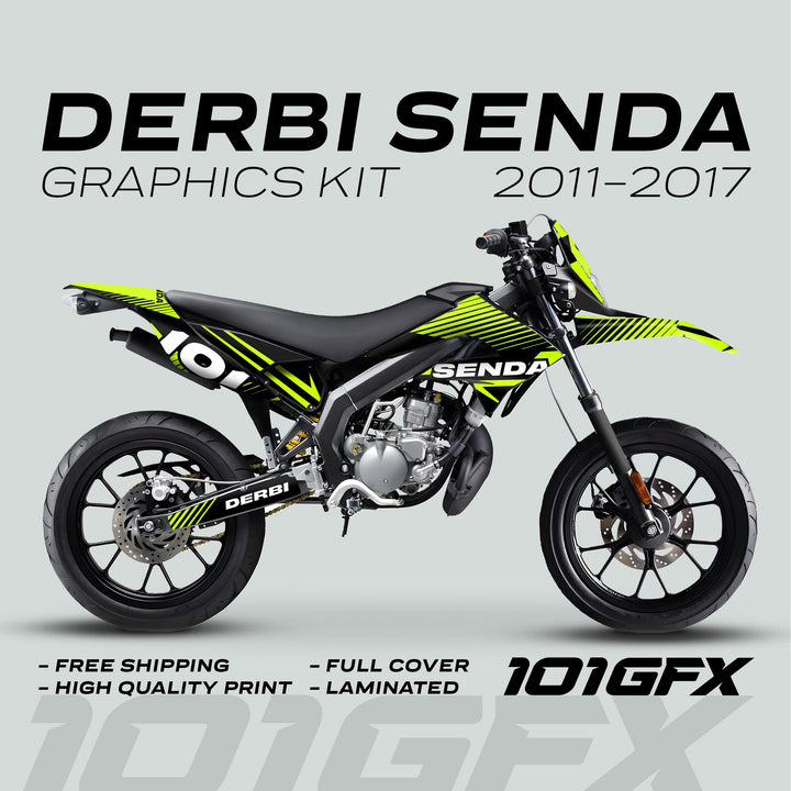 Side view of a Derbi Senda bike with the Graphics Kit X-Treme 2011-2017, featuring black and high-visibility yellow/green striped decals.