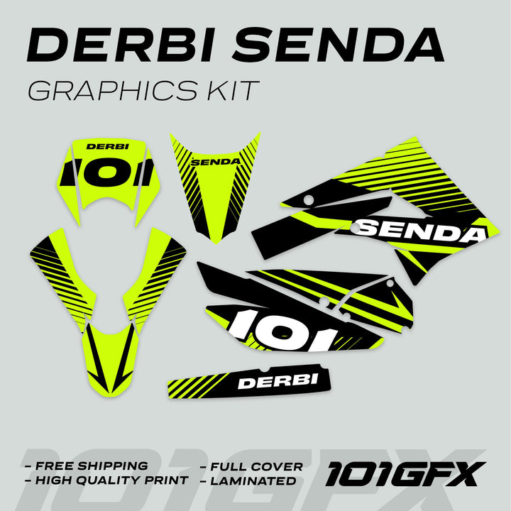 Derbi Senda Graphics Kit X-Treme 2011-2017 LINE SPACE Black Green, featuring neon yellow and black striped decals, including number plate and side panels.