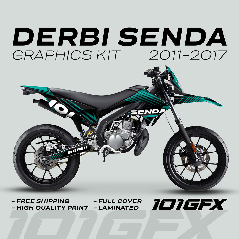 Side view of a Derbi Senda motorcycle with the X-Treme 2011-2017 LINE SPACE Black Aventur graphics kit, featuring teal and black decals.