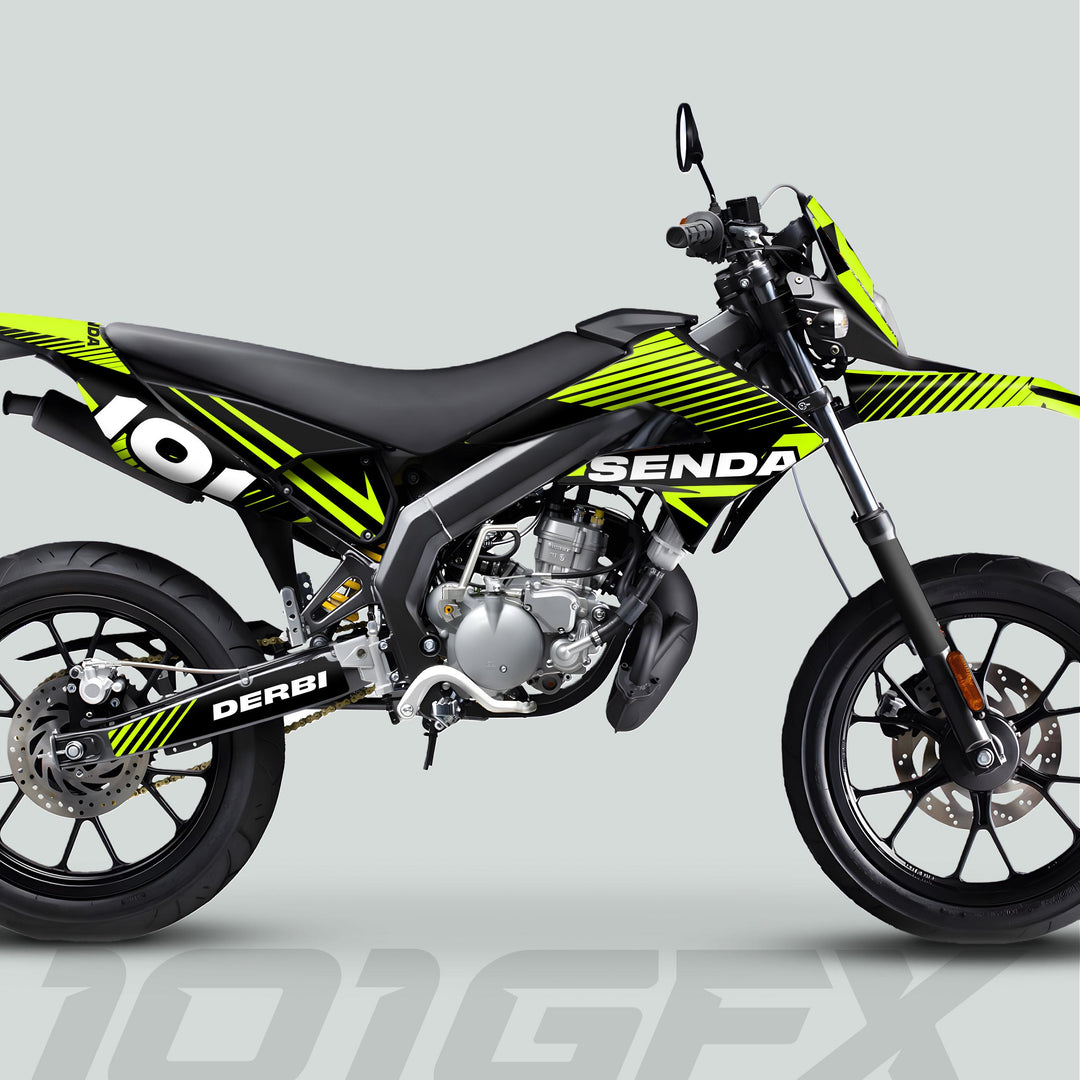 Derbi Senda Graphics Kit X-Treme 2011-2017 enhances motorcycle with precise fit decals, vibrant black-green colors, and durable vinyl for long-lasting style and protection.