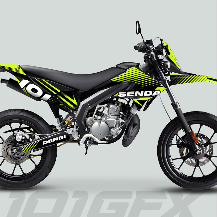 Derbi Senda Graphics Kit X-Treme 2011-2017 enhances motorcycle with precise fit decals, vibrant black-green colors, and durable vinyl for long-lasting style and protection.