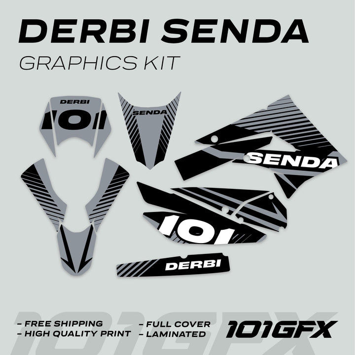 Derbi Senda Graphics Kit X-Treme 2011-2017 LINE SPACE Black Grey, showcasing grey-black striped vinyl decals for motorbike panels, includes Derbi and 101GFX branding, emphasizing quality and durability.