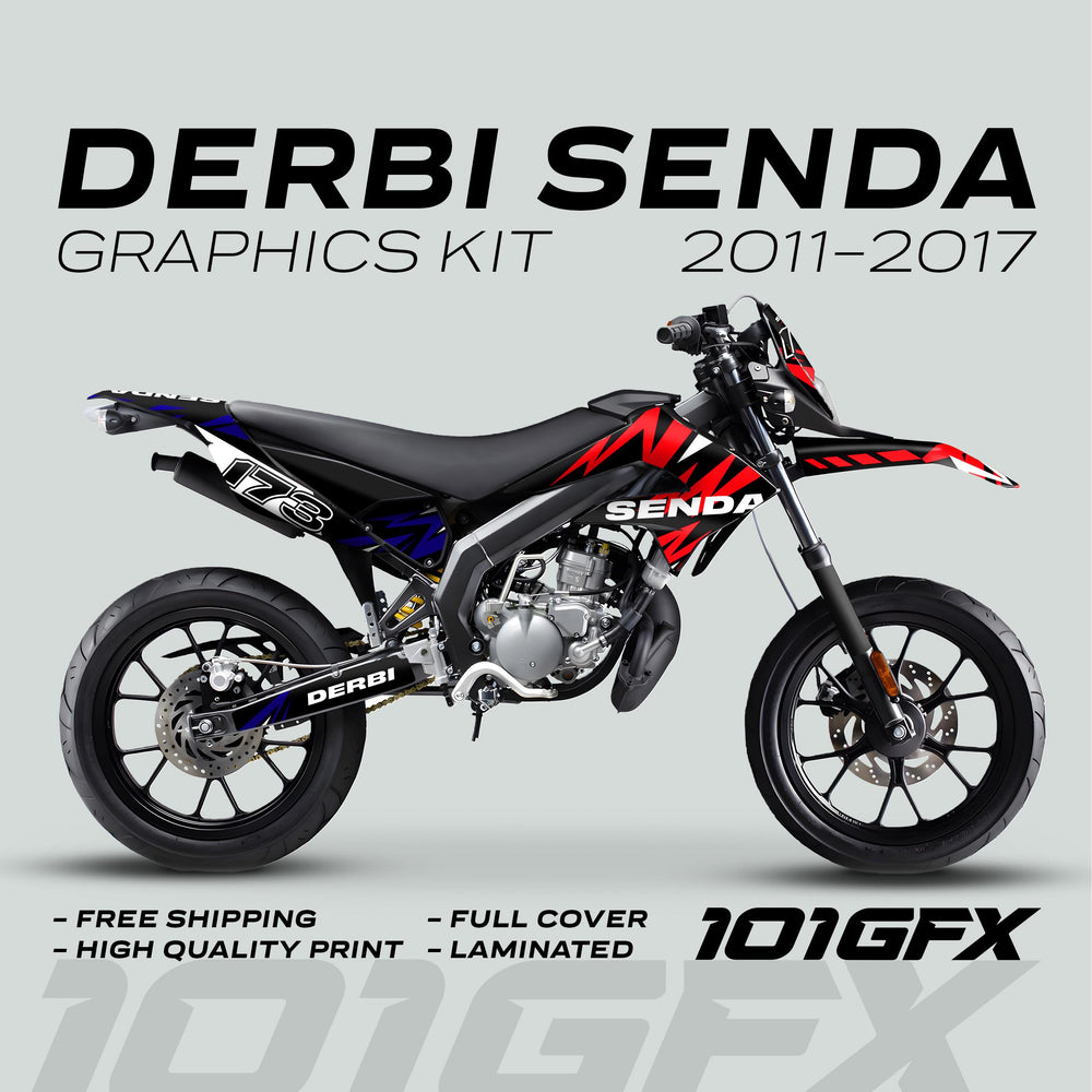 Derbi Senda Graphics Kit X-Treme 2011-2017 showcased on a supermoto motorcycle, featuring bold decals and key benefits like durability, easy installation, and free shipping.