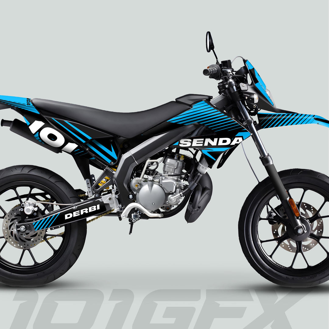 Side-view of a Derbi Senda motorcycle featuring the Graphics Kit X-Treme 2011-2017, showcasing off-road features and bold SENDA and DERBI graphics.