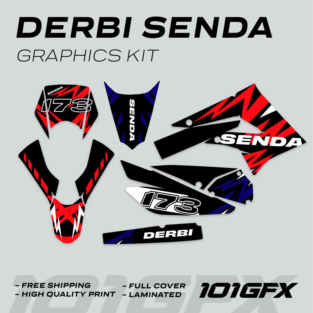 Derbi Senda Graphics Kit X-Treme 2011-2017 LIGHTNING RED NAVY decals displayed, featuring Senda, Derbi, number 173, with details on free shipping and high-quality print.