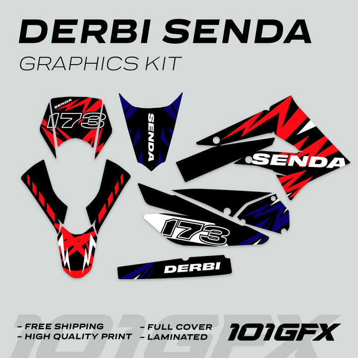 Derbi Senda Graphics Kit X-Treme 2011-2017 LIGHTNING RED NAVY decals displayed, featuring Senda, Derbi, number 173, with details on free shipping and high-quality print.