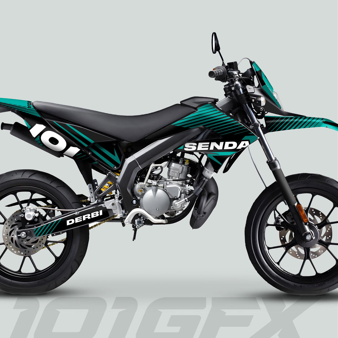 Derbi Senda Graphics Kit X-Treme 2011-2017 LINE SPACE Black Aventur displayed on a supermoto-style motorcycle, showcasing its sleek, durable design and high-mounted exhaust.