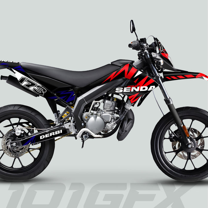 Derbi Senda Graphics Kit X-Treme 2011-2017 LIGHTNING RED NAVY on a supermoto-style dirt bike, showcasing bold red and blue accents and SENDA and DERBI branding.