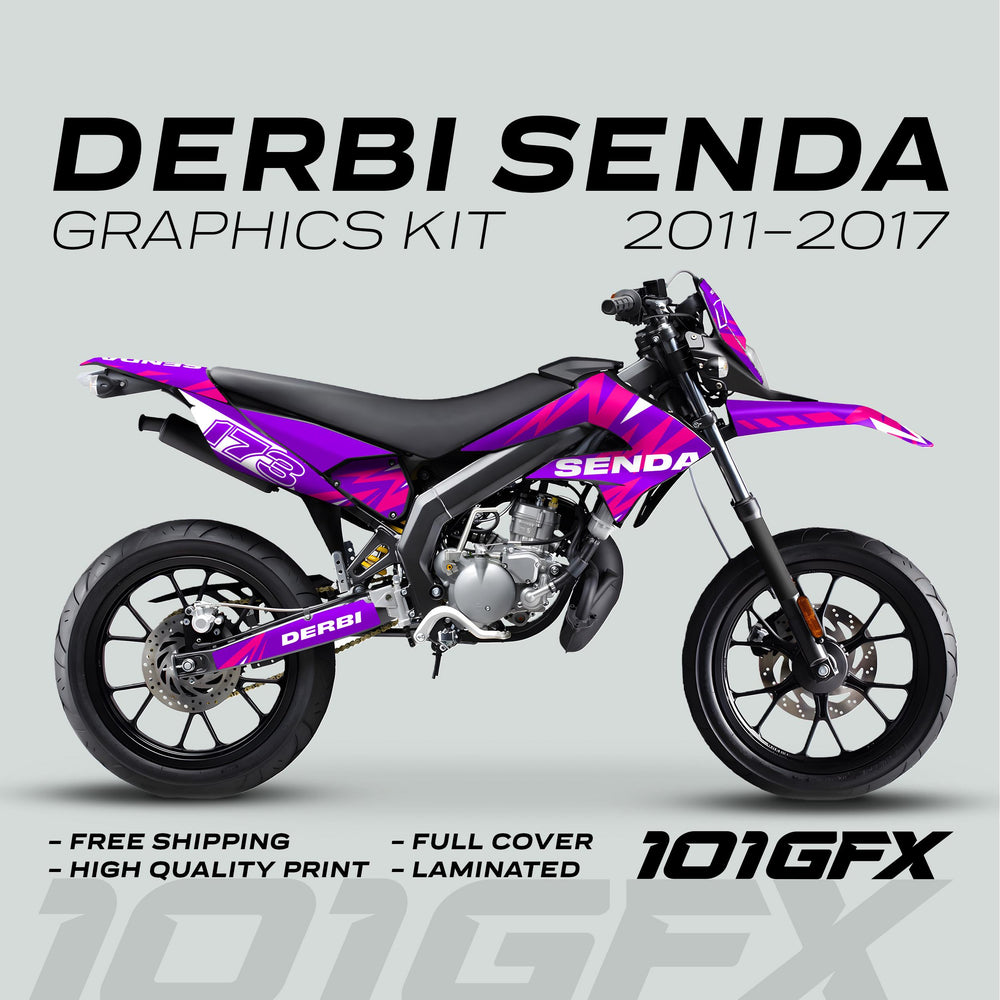 Derbi Senda Graphics Kit X-Treme 2011-2017 LIGHTNING PURPLE MAGENTA, featuring geometric decals with SENDA, DERBI, and 178, offers free shipping and high-quality print.