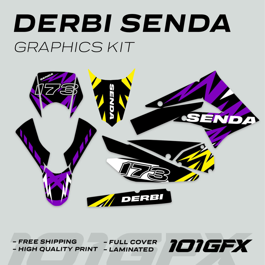 Derbi Senda Graphics Kit X-Treme 2011-2017, includes decals with angular designs and branding, offering full bike coverage and promoting free shipping and quality.