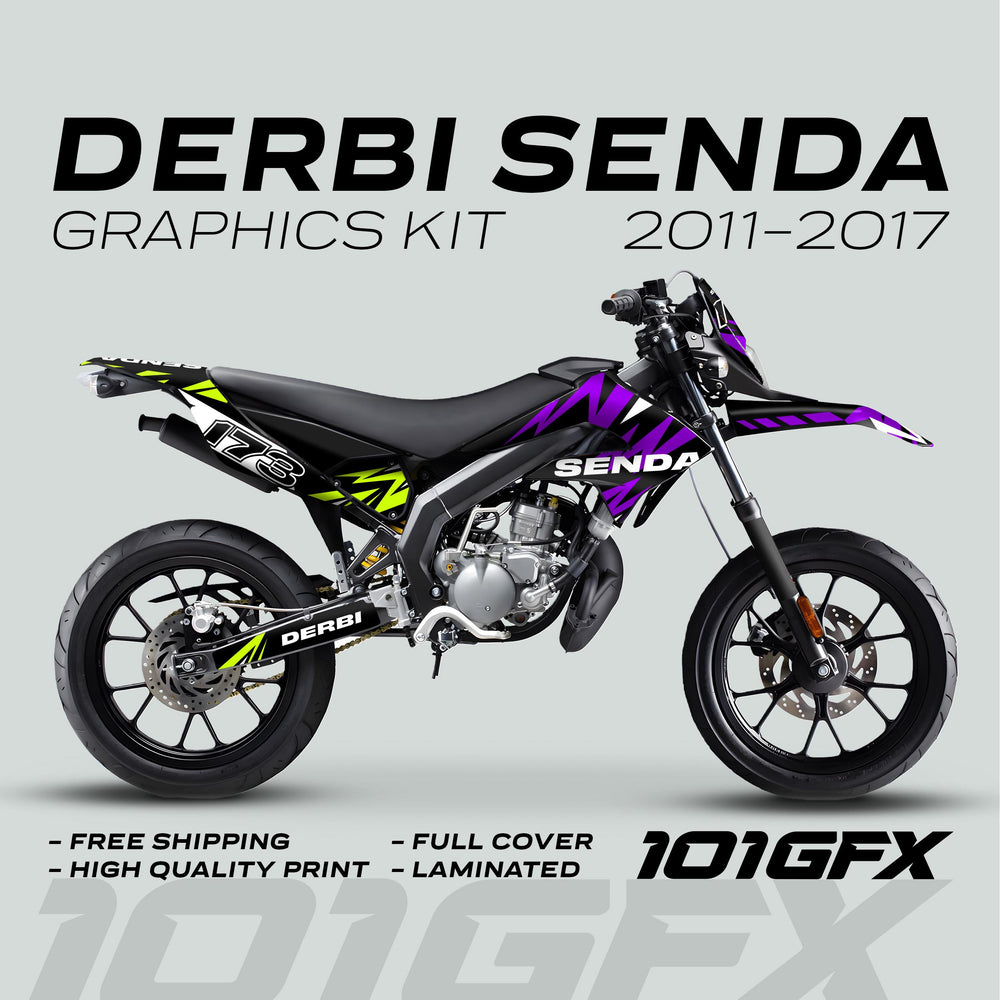 Derbi Senda Graphics Kit X-Treme 2011-2017 in Lightning Purple Green, featuring full-cover, laminated decals with bold styling, high-quality print, and free shipping.