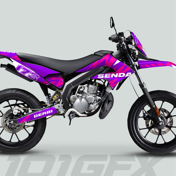 Derbi Senda Graphics Kit X-Treme 2011-2017 LIGHTNING PURPLE MAGENTA on supermoto bike, showcasing bold SENDA and DERBI logos with vibrant street-ready design.