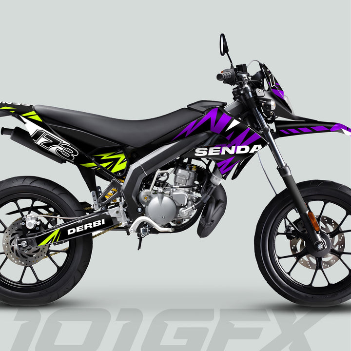Derbi Senda with Graphics Kit X-Treme 2011-2017 in Lightning Purple Green, showcasing bold branding and vibrant accents on a sleek black frame.