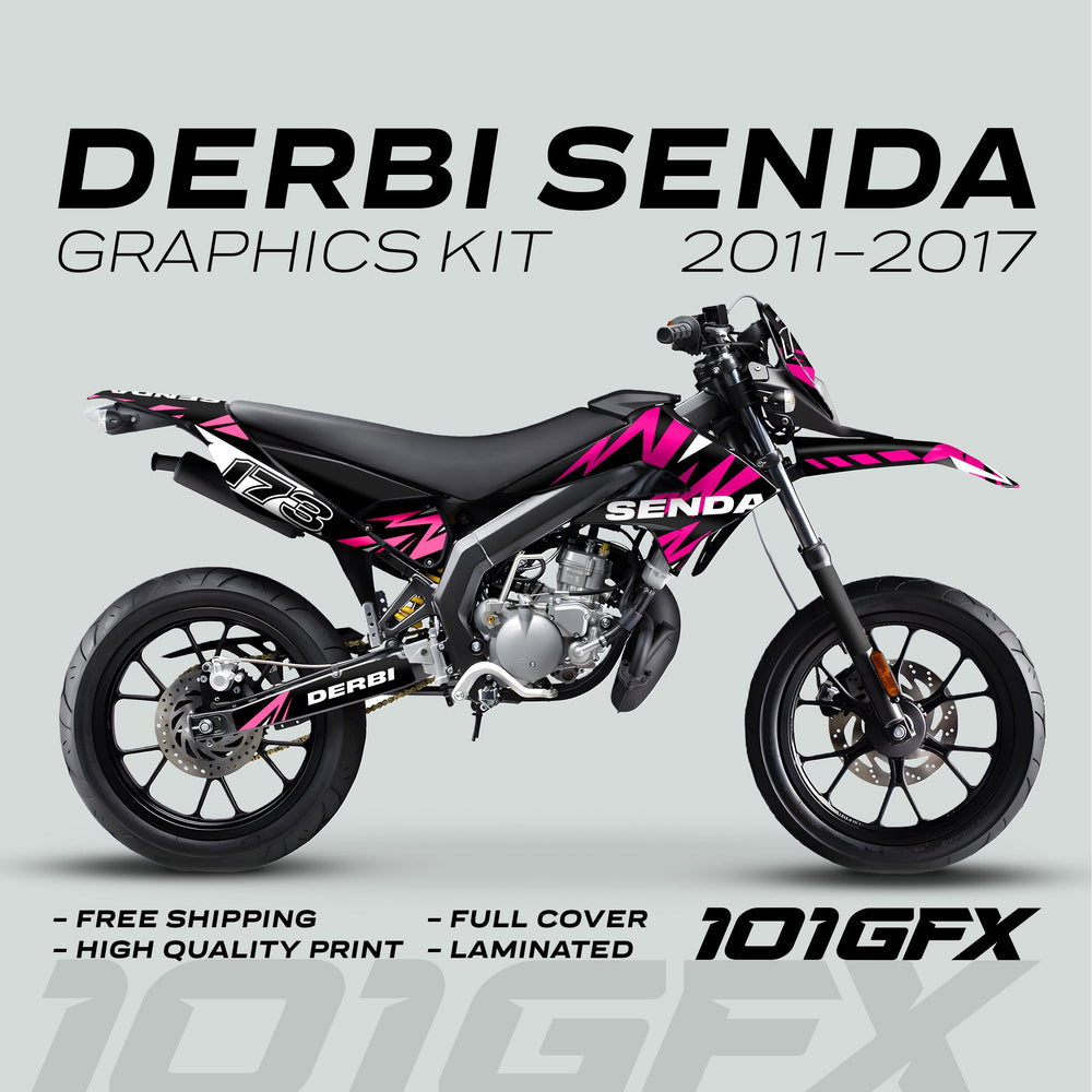 Derbi Senda Graphics Kit X-Treme 2011-2017 LIGHTNING MAGENTA PINK shown on supermoto bike with features like high-quality print, full cover, and free shipping.