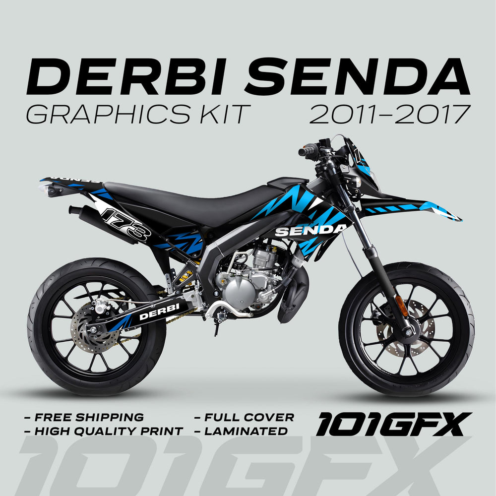 Derbi Senda Graphics Kit X-Treme 2011-2017 LIGHTNING BLUE CYAN on bike, featuring SENDA, DERBI, number 178, with free shipping, high-quality, full cover, laminated.