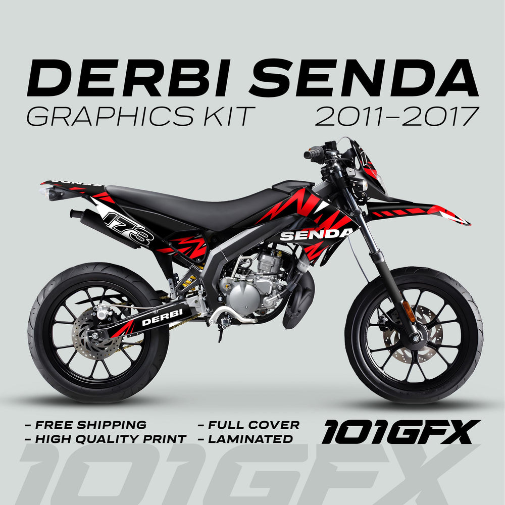 Derbi Senda Graphics Kit X-Treme 2011-2017 LIGHTNING BLACK RED shown on a supermoto bike with full-coverage decals; features include durability, perfect fit, and easy application.