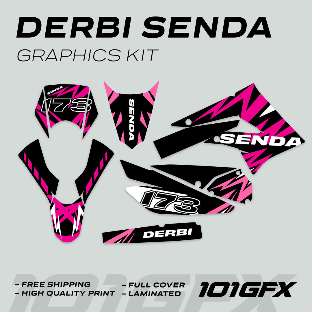 Derbi Senda Graphics Kit X-Treme 2011-2017 LIGHTNING MAGENTA PINK with decals including number plate, shroud, and fork-guard, showcasing durability and vibrant design.