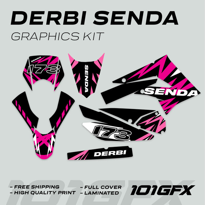Derbi Senda Graphics Kit X-Treme 2011-2017 LIGHTNING MAGENTA PINK with decals including number plate, shroud, and fork-guard, showcasing durability and vibrant design.