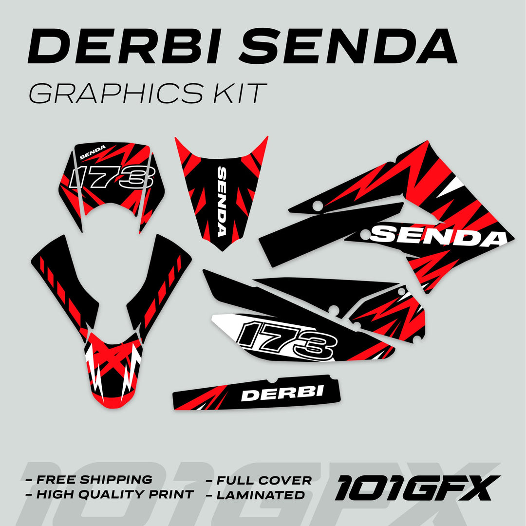Derbi Senda Graphics Kit X-Treme 2011-2017 LIGHTNING BLACK RED with vinyl pieces for fender, plate, panels, featuring 173 and branding.