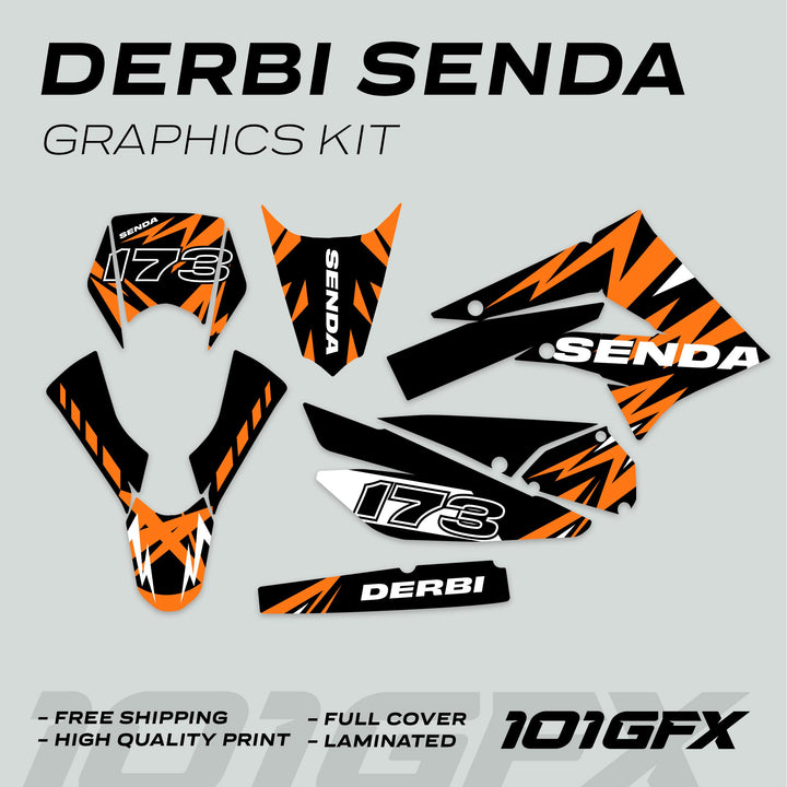 Derbi Senda Graphics Kit X-Treme 2011-2017 with black-and-orange tiger-stripe decals for various bike panels, featuring Senda, 173, Derbi, plus promo points below.