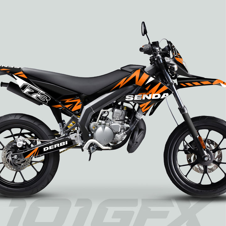 Derbi Senda Graphics Kit X-Treme 2011-2017 LIGHTNING BLACK ORANGE on supermoto-style dirt bike, featuring vibrant decals and durable materials, enhancing aesthetics and protection.