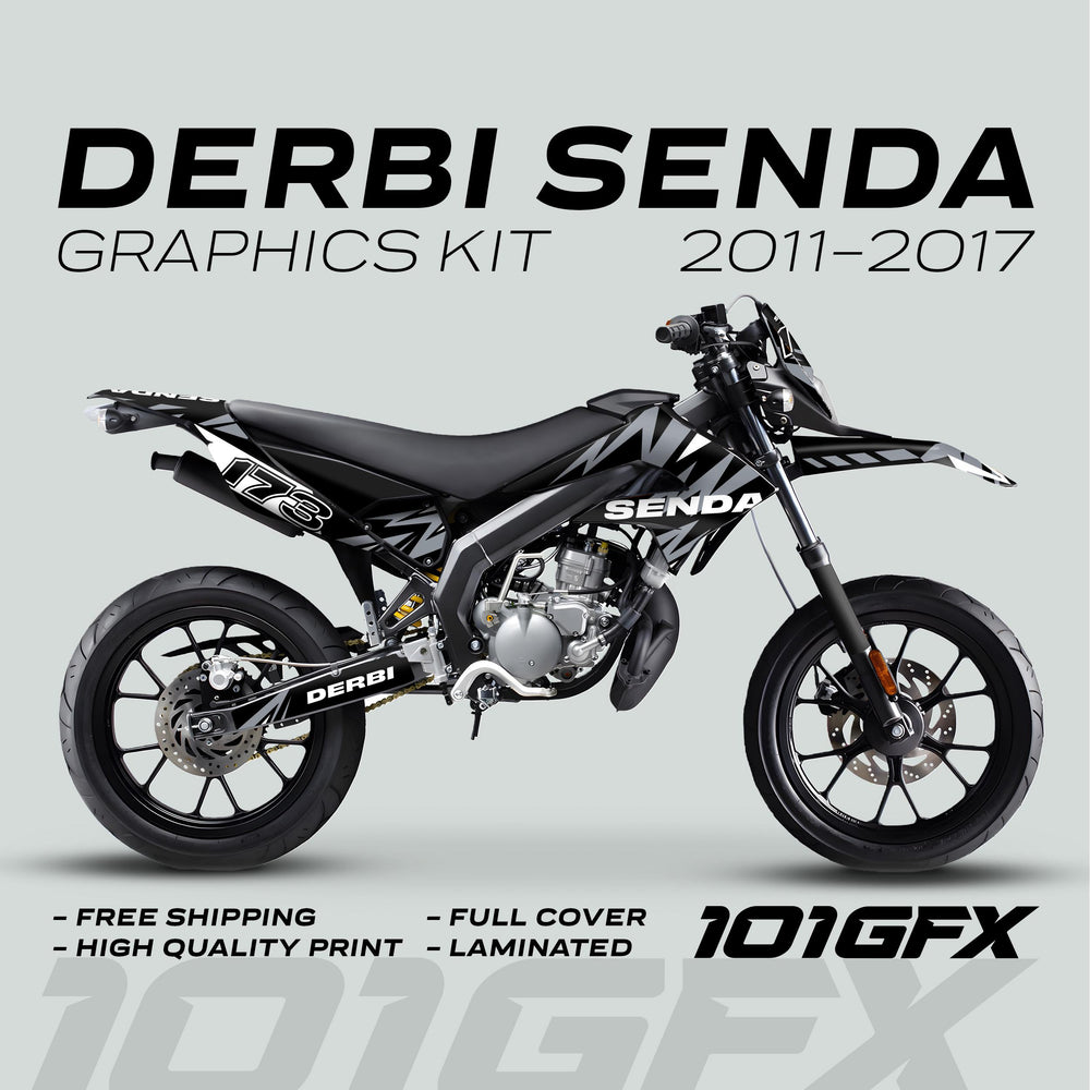 Derbi Senda Graphics Kit X-Treme 2011-2017 LIGHTNING BLACK GREY displayed on bike; offers free shipping, high-quality print, full cover, laminated, designer brand 101GFX.