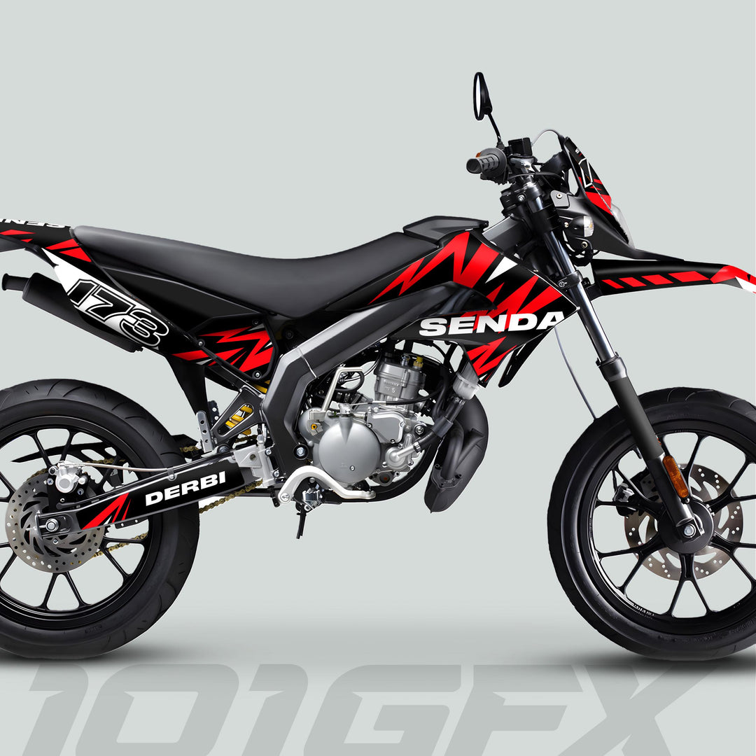 Derbi Senda Graphics Kit X-Treme 2011-2017, featuring striking black, red, and white designs on a supermoto-style bike with aggressive bodywork and 178 on the side panel.