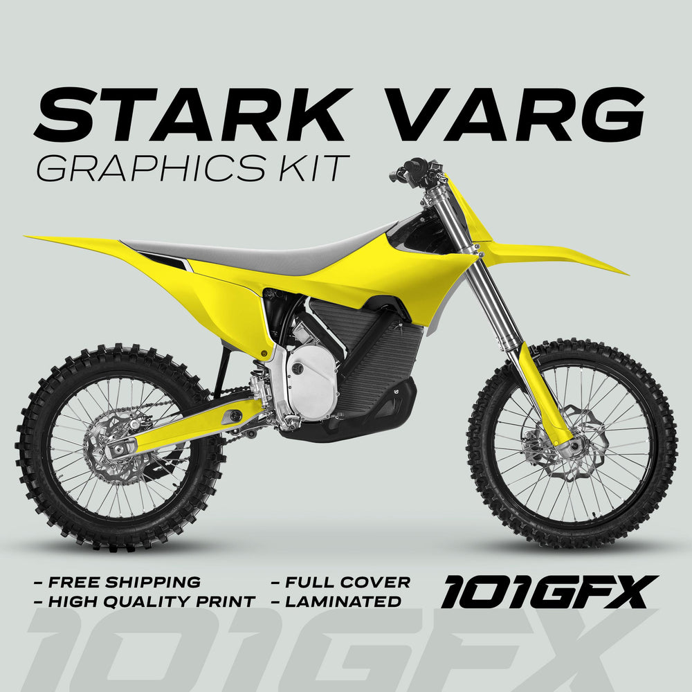 Side-view of a dirt bike with Stark Varg Graphics Kit SOLID COLOR YELLOW Stickers, highlighting free shipping, high quality, full cover, and laminated features. Logo: 101GFX.