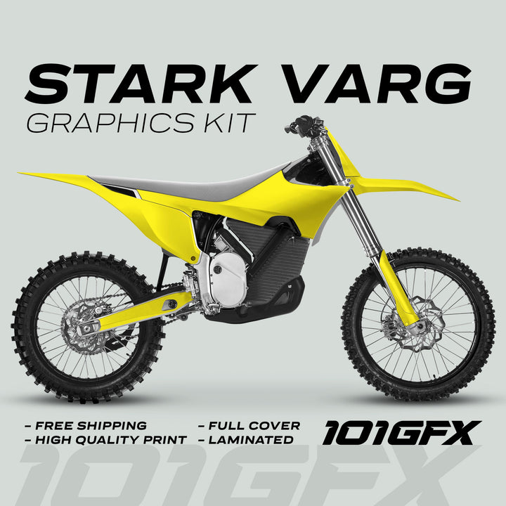 Side-view of a dirt bike with Stark Varg Graphics Kit SOLID COLOR YELLOW Stickers, highlighting free shipping, high quality, full cover, and laminated features. Logo: 101GFX.