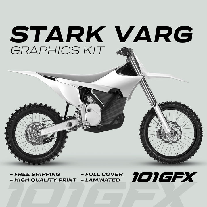 Stark Varg Graphics Kit SOLID COLOR WHITE Stickers displayed on a white motocross bike, featuring free shipping, high-quality print, full cover, and laminated finish.