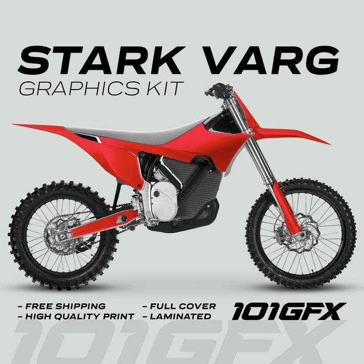 Stark Varg Graphics Kit SOLID COLOR RED Stickers on a red motocross bike, showcasing vibrant decals with full coverage, glossy finish, and easy installation features.