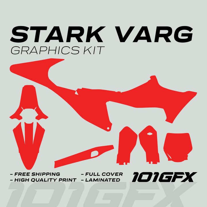 Stark Varg Graphics Kit SOLID COLOR RED Stickers with red vinyl cut-outs for full bike coverage, featuring high quality print, free shipping, and laminated finish.