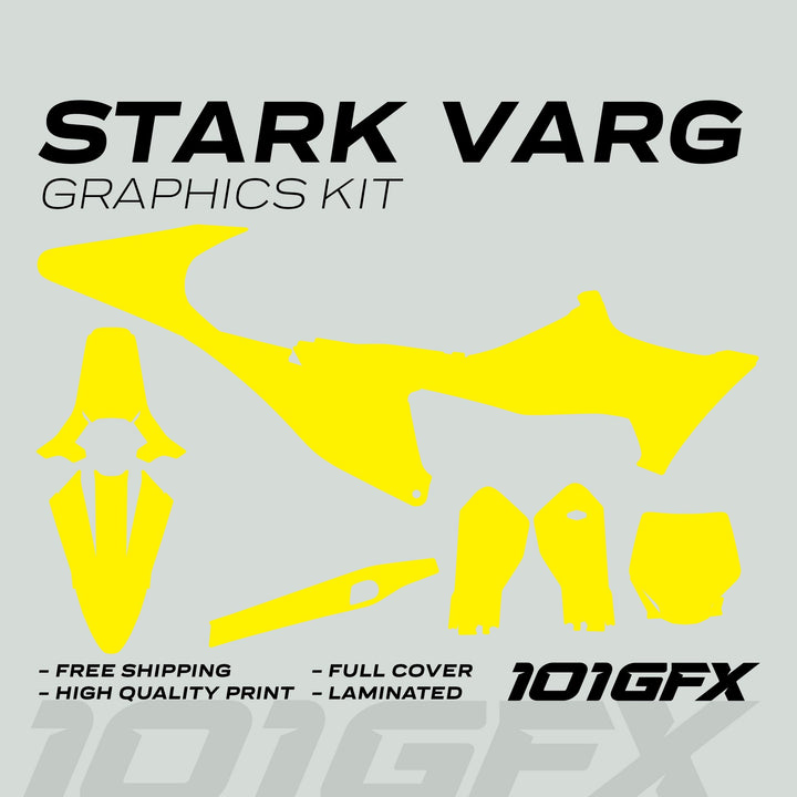 Stark Varg Graphics Kit SOLID COLOR YELLOW Stickers mock-up showing die-cut shapes for full bike panel coverage, including features like high-quality print and free shipping.