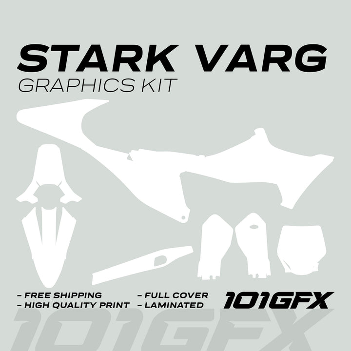 Stark Varg Graphics Kit SOLID COLOR WHITE Stickers with decal cut-outs and features: free shipping, high-quality print, full cover, laminated, 101GFX logo displayed.