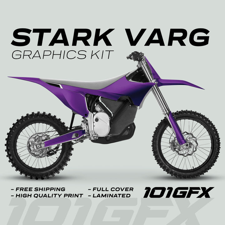 Stark Varg Graphics Kit SOLID COLOR PURPLE Stickers on an electric motocross bike, showcasing full coverage, laminated decals with 101GFX branding, emphasizing customization and protection.