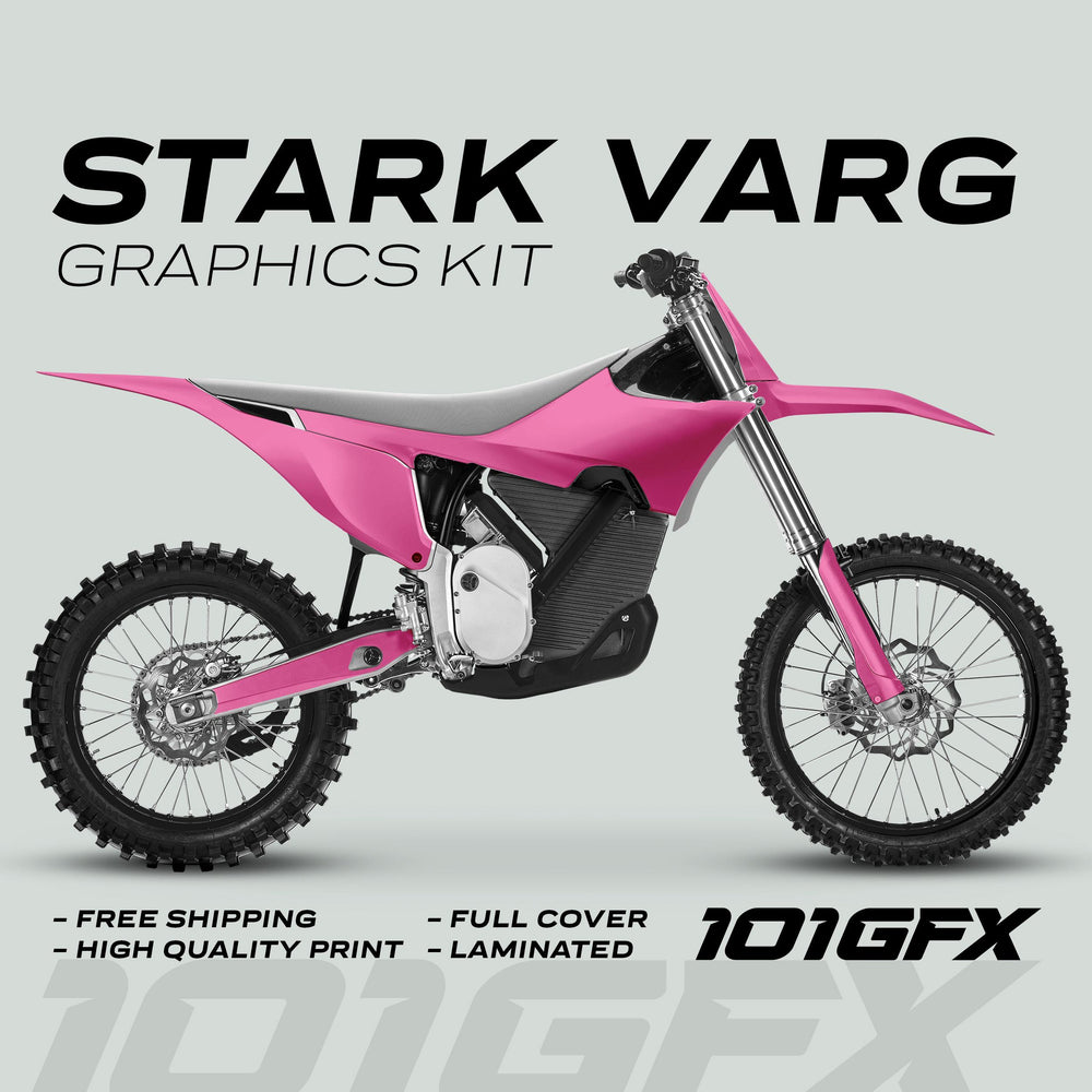 Side-view of Stark Varg Graphics Kit SOLID COLOR PINK Stickers on a motocross bike, highlighting free shipping, high quality print, full cover, and laminated features.