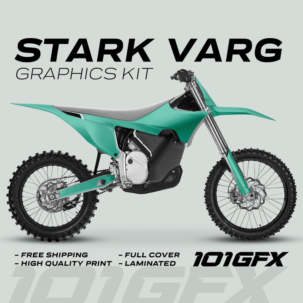 Stark Varg Graphics Kit SOLID COLOR MINT Stickers on a dirt bike, showcasing full coverage wrap; includes side stickers, fork, fender, and number plate decals.
