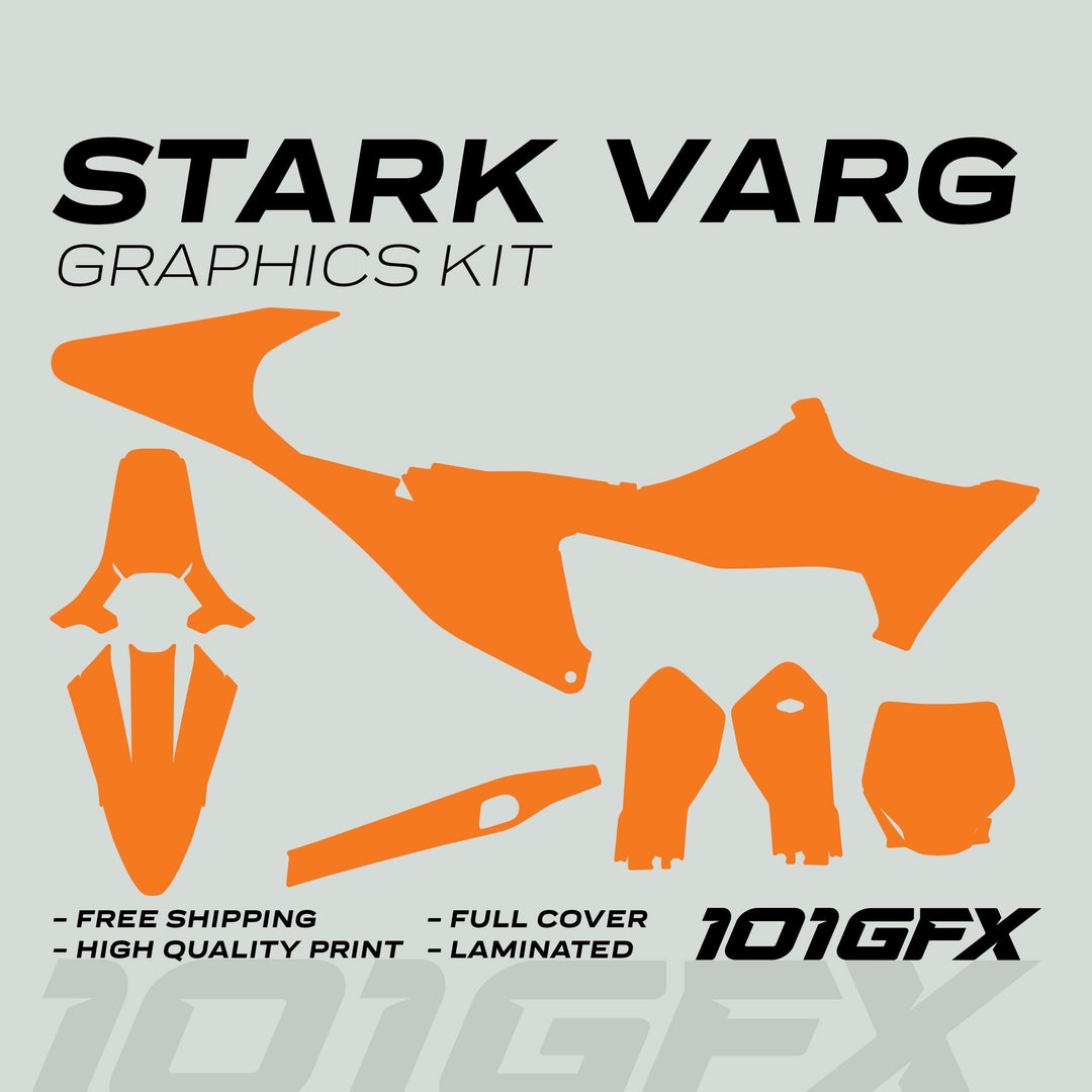 Stark Varg Graphics Kit SOLID COLOR ORANGE Stickers ad with orange decal silhouettes, highlighting features like Free Shipping, High Quality Print, Full Cover, and Laminated.