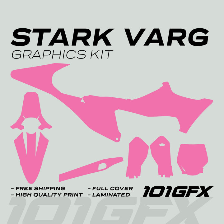 Stark Varg Graphics Kit SOLID COLOR PINK Stickers with vinyl decals for motocross, including radiator shrouds, side panels, and fenders, featuring a laminated finish.