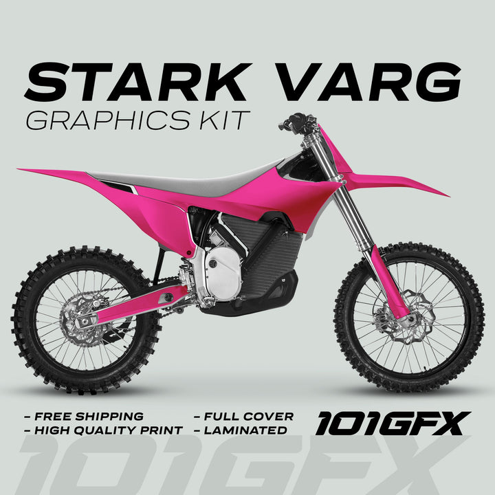 Stark Varg Graphics Kit SOLID COLOR MAGENTA on electric dirt bike, featuring bright pink panels, free shipping, high-quality print, full coverage, and laminated finish.
