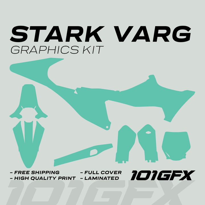Stark Varg Graphics Kit SOLID COLOR MINT Stickers featuring teal die-cut shapes for motorcycle plastics, promoting free shipping, high-quality print, full cover, and lamination.