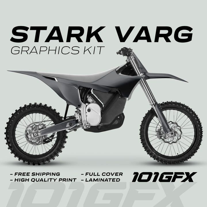 Stark Varg Graphics Kit SOLID COLOR GREY Stickers displayed on a matte black bike, highlighting free shipping, high quality, full cover, and laminated features.
