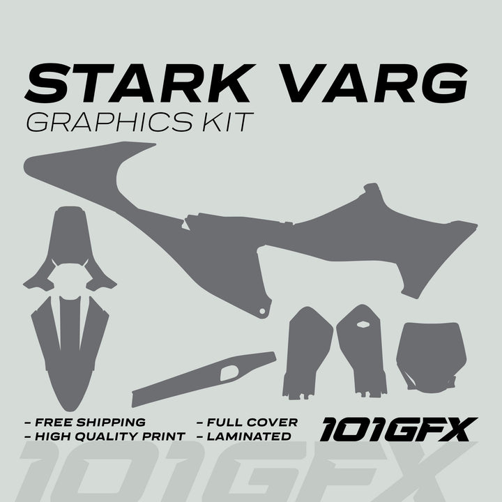 Stark Varg Graphics Kit SOLID COLOR GREY Stickers mock-up, featuring flat grey decal silhouettes for a bike, highlighting free shipping, quality, full cover, laminated finish.
