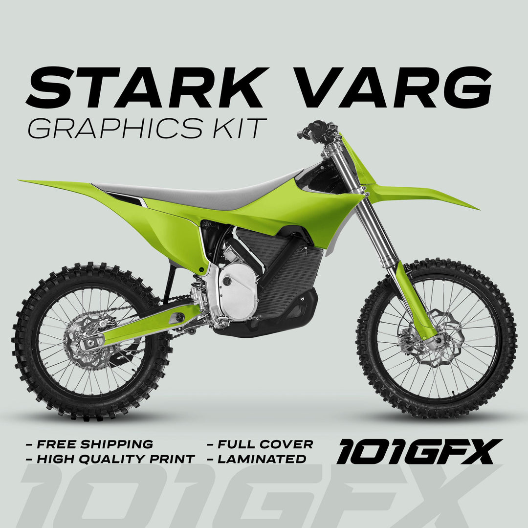 Stark Varg Graphics Kit SOLID COLOR GREEN Stickers displayed on an off-road motorcycle, highlighting free shipping, high-quality print, full cover, and laminated finish.