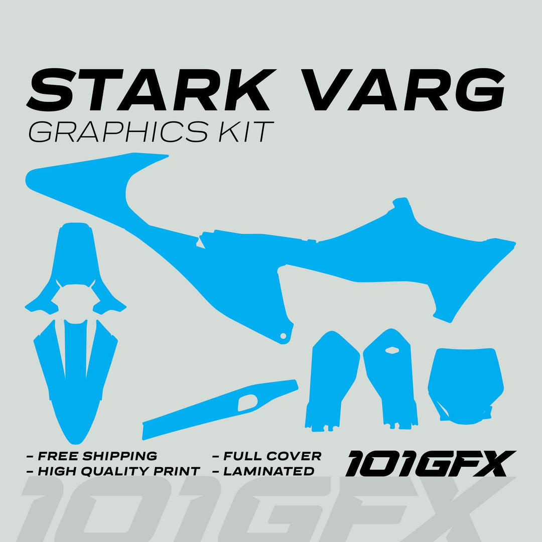 Stark Varg Graphics Kit SOLID COLOR CYAN Stickers, featuring blue decal pieces for motocross bikes, with premium laminated finish and options for matte.