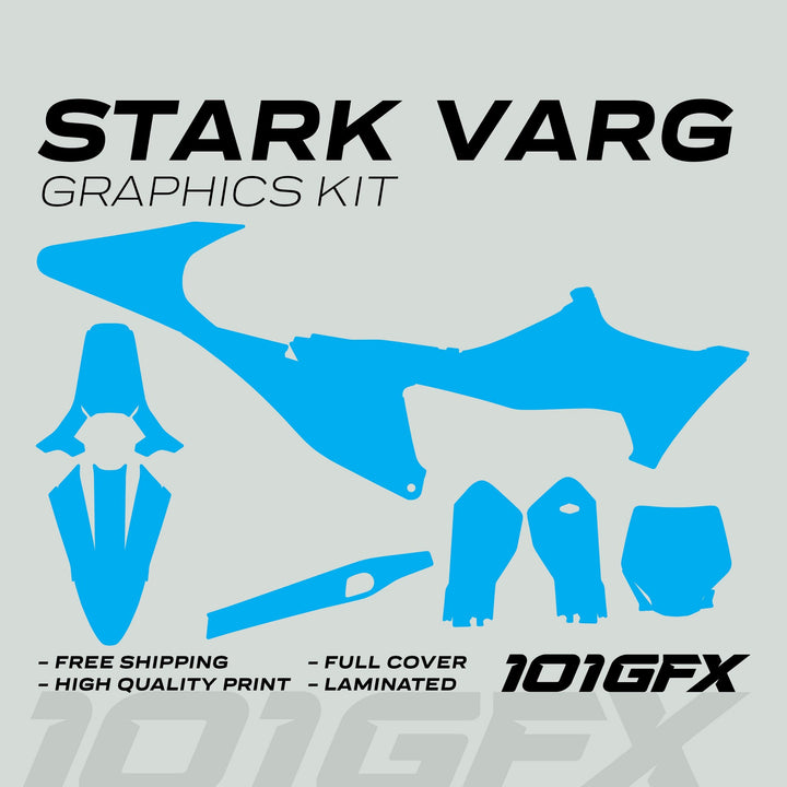 Stark Varg Graphics Kit SOLID COLOR CYAN Stickers, featuring blue decal pieces for motocross bikes, with premium laminated finish and options for matte.