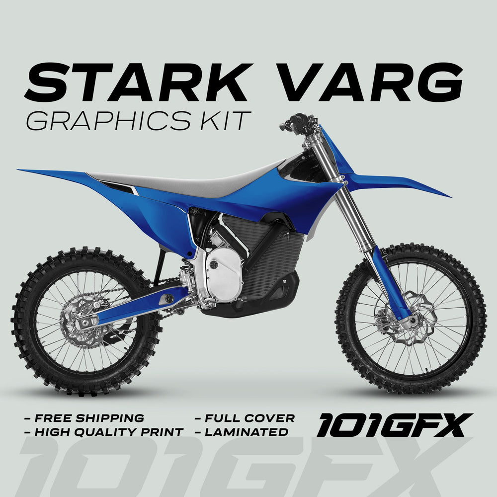 Stark Varg Graphics Kit SOLID COLOR BLUE Stickers on a blue dirt bike, showcasing front and side views, highlighting full coverage and glossy laminated finish.
