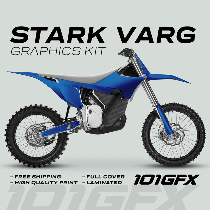 Stark Varg Graphics Kit SOLID COLOR BLUE Stickers on a blue dirt bike, showcasing front and side views, highlighting full coverage and glossy laminated finish.