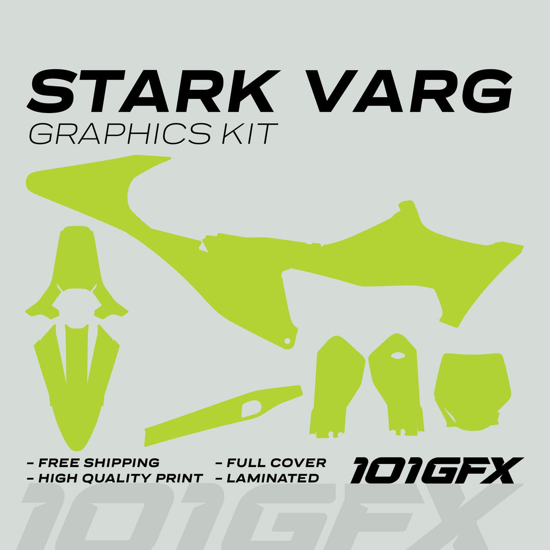 Stark Varg Graphics Kit SOLID COLOR GREEN Stickers displayed as lime-green vinyl decals for various bike parts, highlighting features like full coverage and glossy finish.